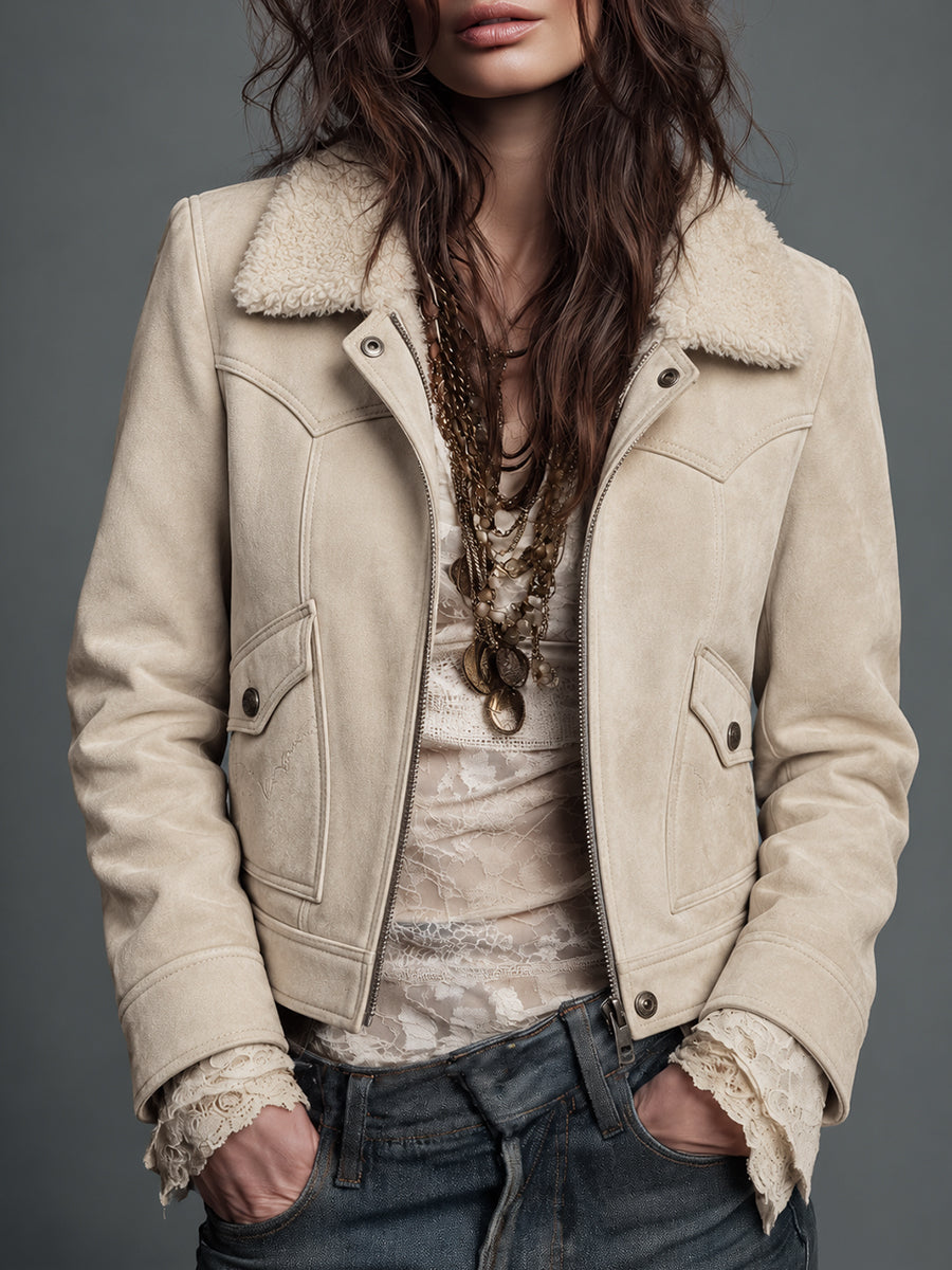 Cream Shearling Collar Leather Jacket