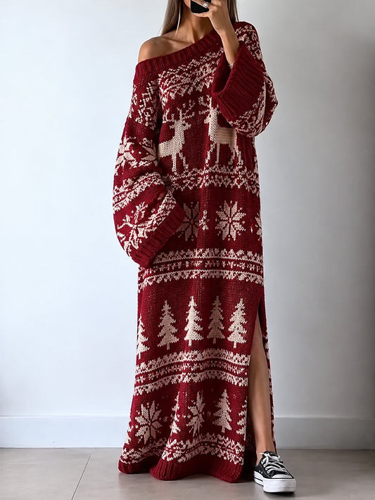 Red Fair Isle Oversized Knit Maxi Dress