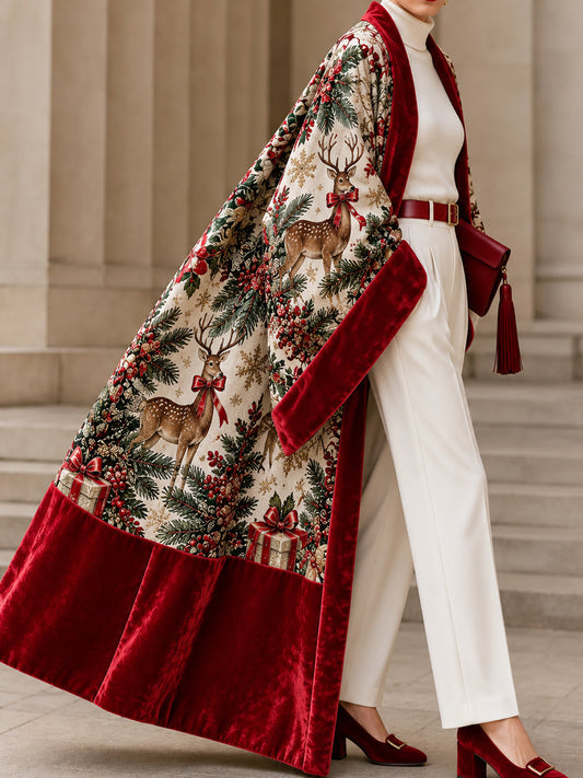 Cream Reindeer Print Velvet Trim Cape
