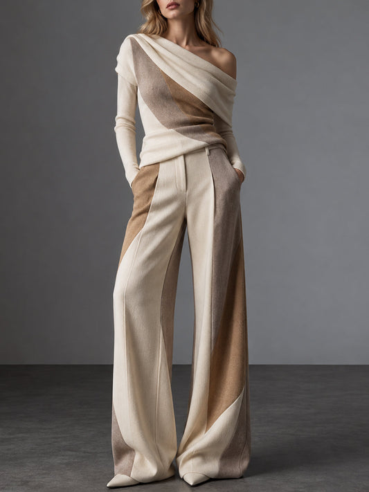 Cream Color Block One Shoulder Wide Leg Pants Set