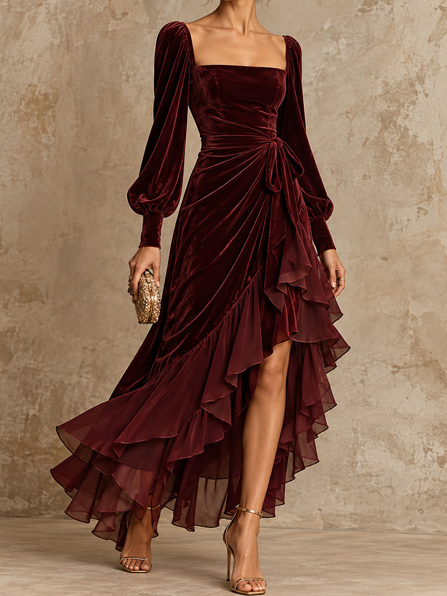 Burgundy Velvet Square Neck Ruffle Midi Dress