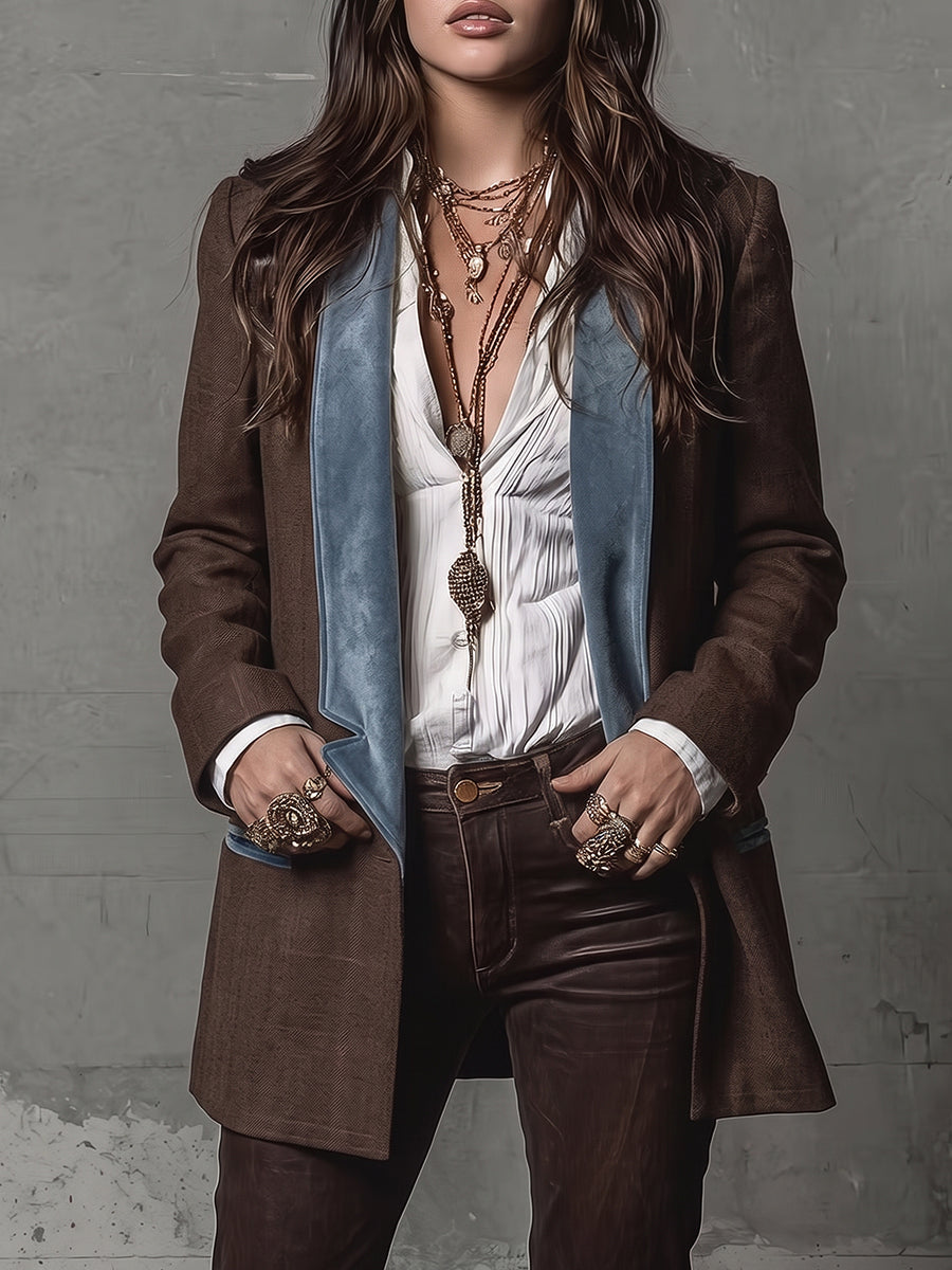 Brown Check Blazer with Contrast Lapels