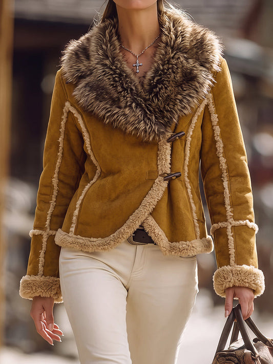 Camel Faux Fur Collar Button Front Jacket