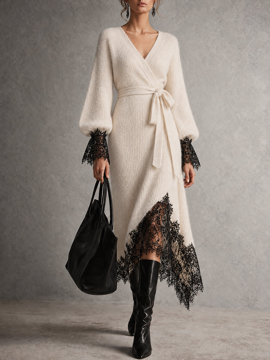 Cream Wrap Front Lace Trim Midi Dress
