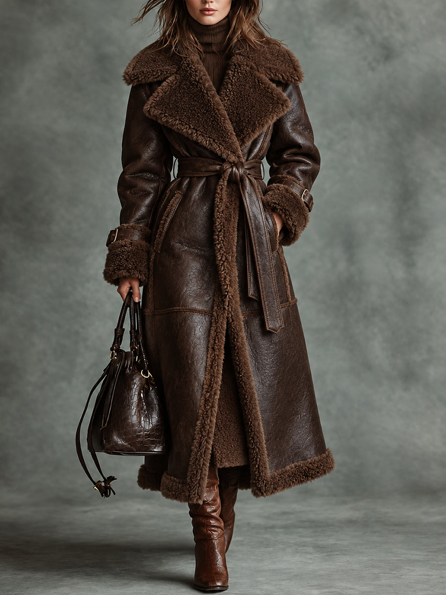 DarkBrown Faux Shearling Belted Long Coat