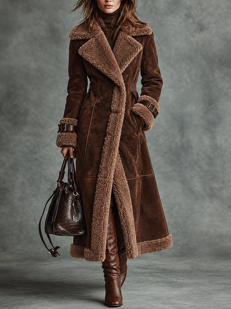 Brown Faux Shearling Trim Long Coat