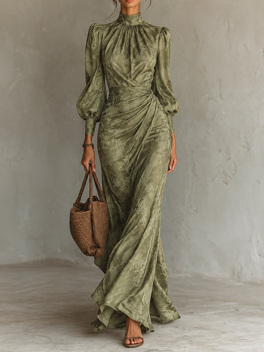 SageGreen Floral Jacquard High Neck Maxi Dress