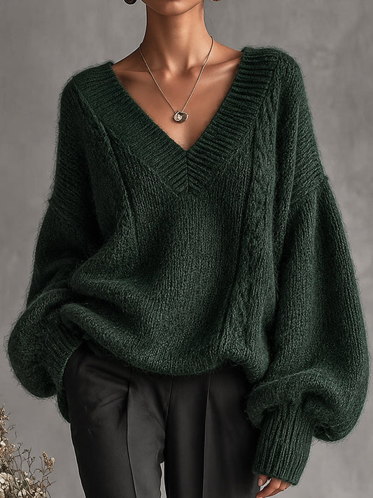 DarkGreen Oversized V Neck Sweater