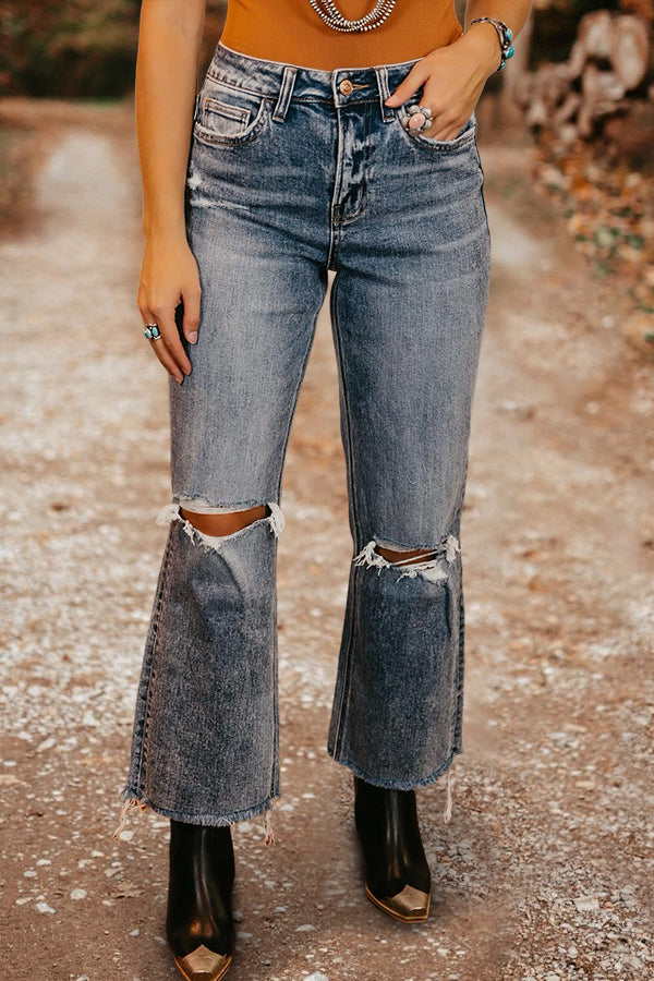 Vintage Washed Ripped Straight-Leg Jeans