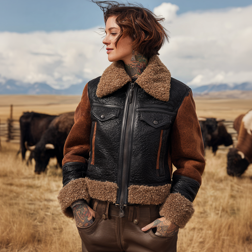 Women's Vintage Rustic Elegance: Leather And Shearling Jacket In The Wilderness