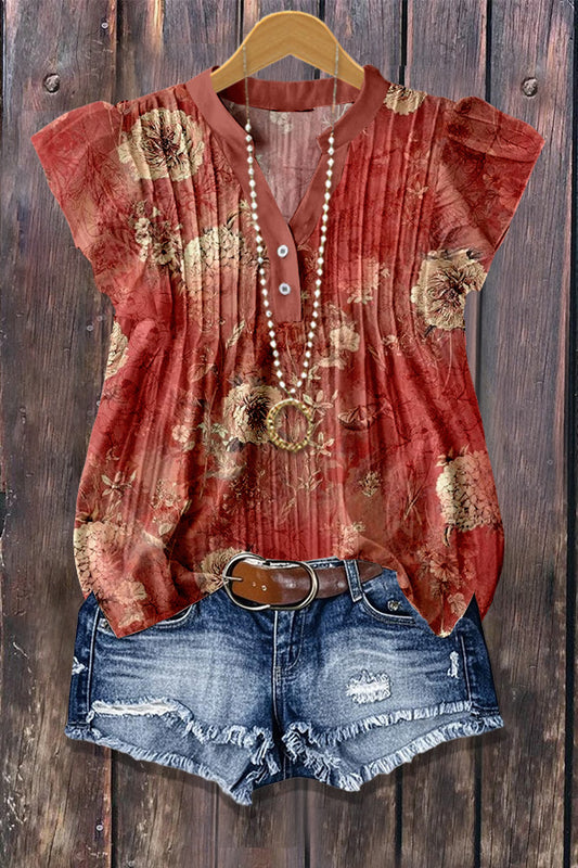 Retro Floral Print Flutter Sleeve Ribbed Top