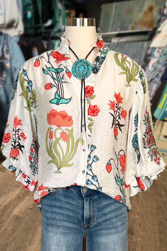 Floral Print Ruffle V-Neck Puff Sleeve Top