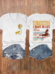 Women's 10 Things I Want In Life Sunshine And Horses Printed V-Neck T-Shirt