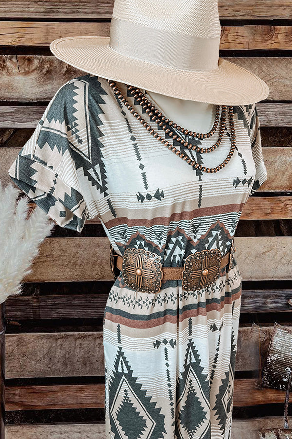 Vintage Western Aztec Print T-Shirt Long Dress