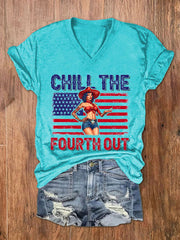 Women's Independence Day Chill The Fourth Out Print V-Neck T-Shirt