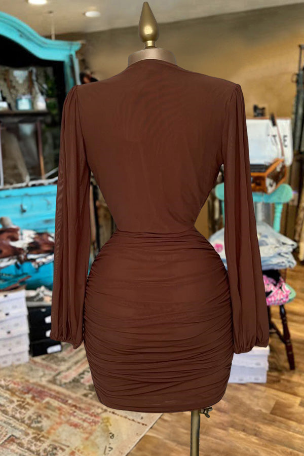 Beautiful Deep V Neck Pleated Long Sleeve Dress