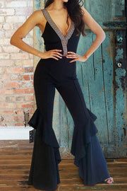 Sexy V-Neck Pleated Flare Jumpsuit