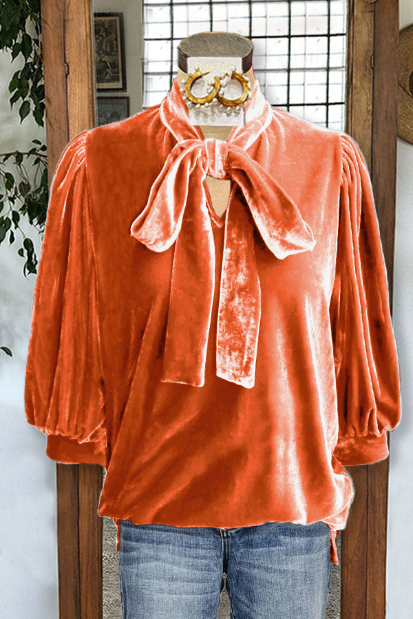 Velvet Puff Sleeves Knotted Neckline Blouse