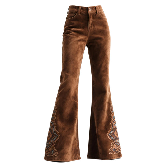 Retro Western Style Ethnic Suede Flared Wide-Leg Pants