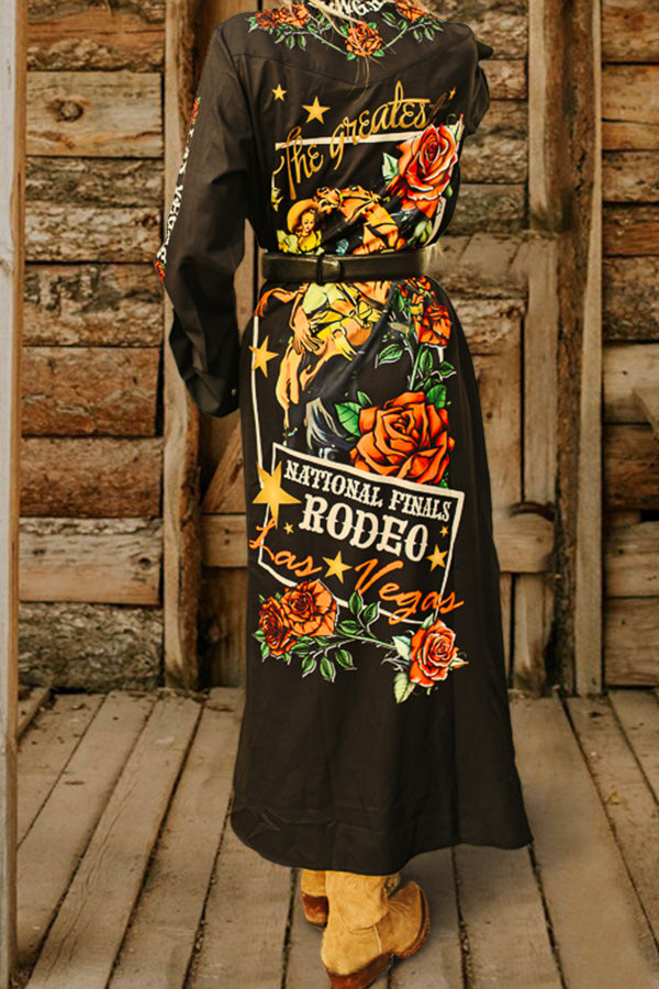 Rodeo Horse Rose Printed Button Down Maxi Shirt Dress