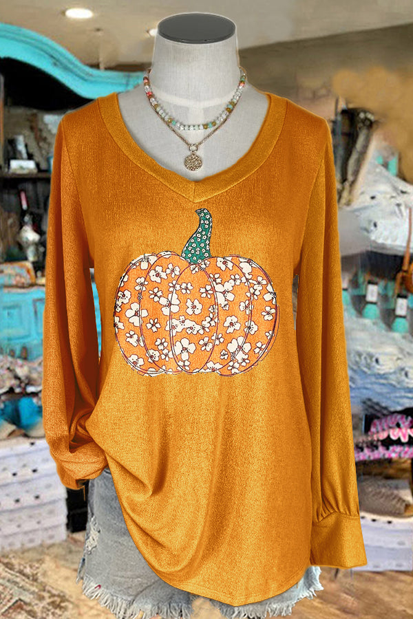 Classic Halloween Floral Pumpkin V-neck Long-sleeved Top