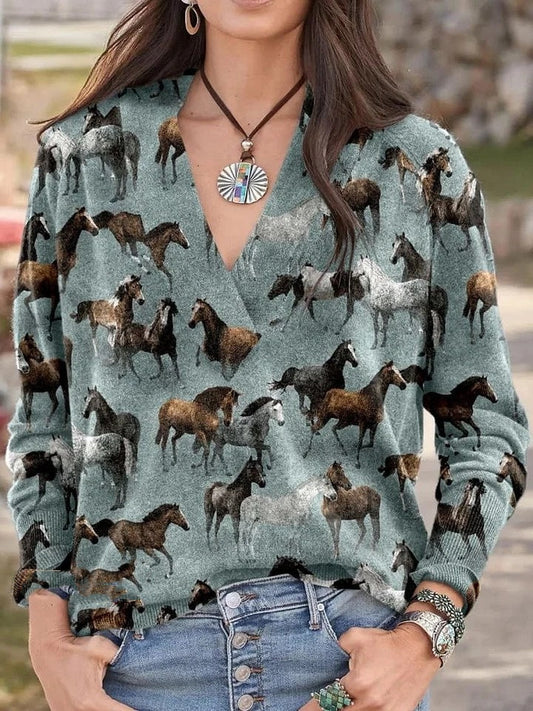 Horse Print Knit V-neck Pullover Sweater