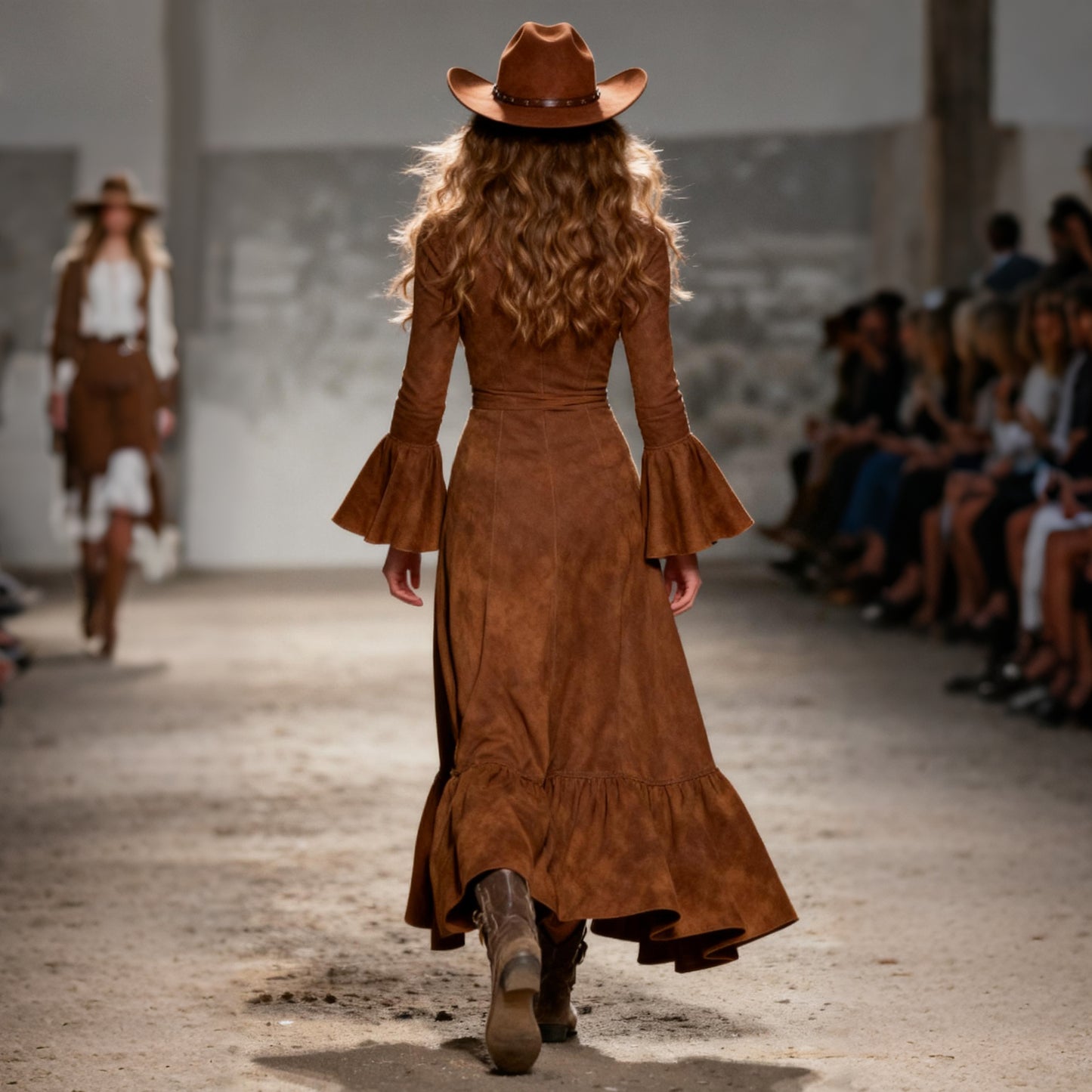 Women's Retro Square Neck Thin Strap Trumpet Sleeve Long Sleeve Long Dress