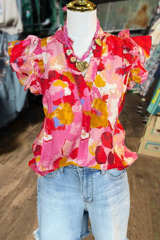 Colorful Print V-Neck Flutter Sleeve Top