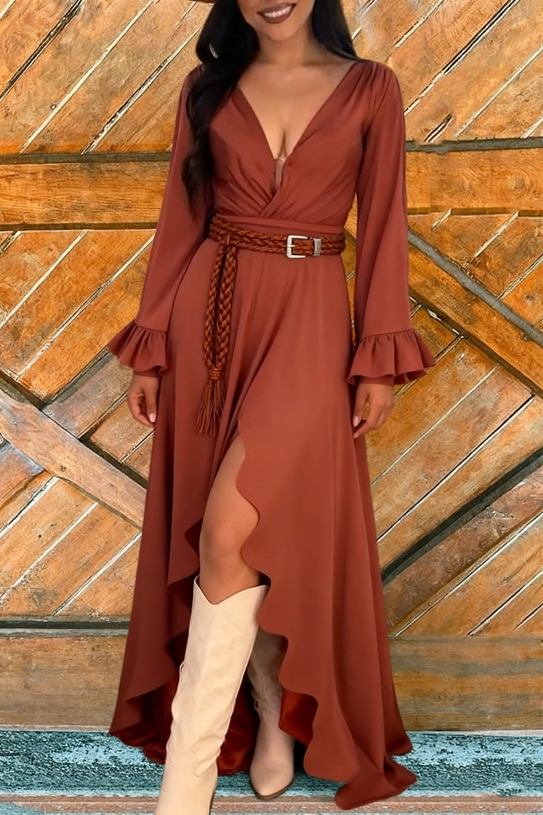 Women's V-neck Long-sleeved Wavy Edge High Slit Long Dress