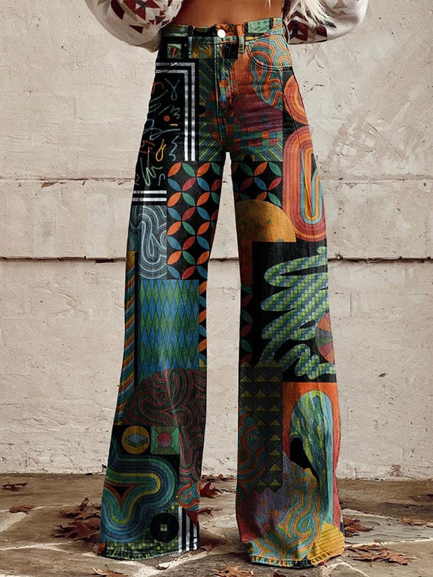 Women's Retro Pattern Print Casual Wide Leg Pants