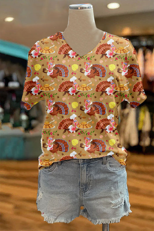 Cartoon Thanksgiving Turkey Print T-shirt