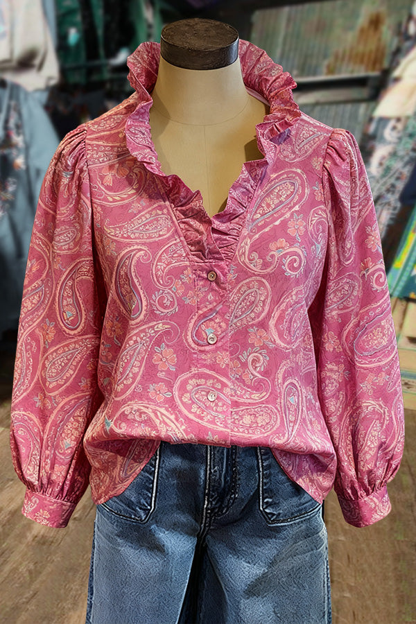 Retro Paisley Print Ruffle Neck Top