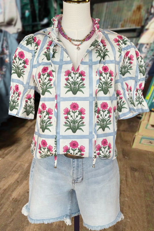 Floral Print Tie Neck Puff Sleeve Top