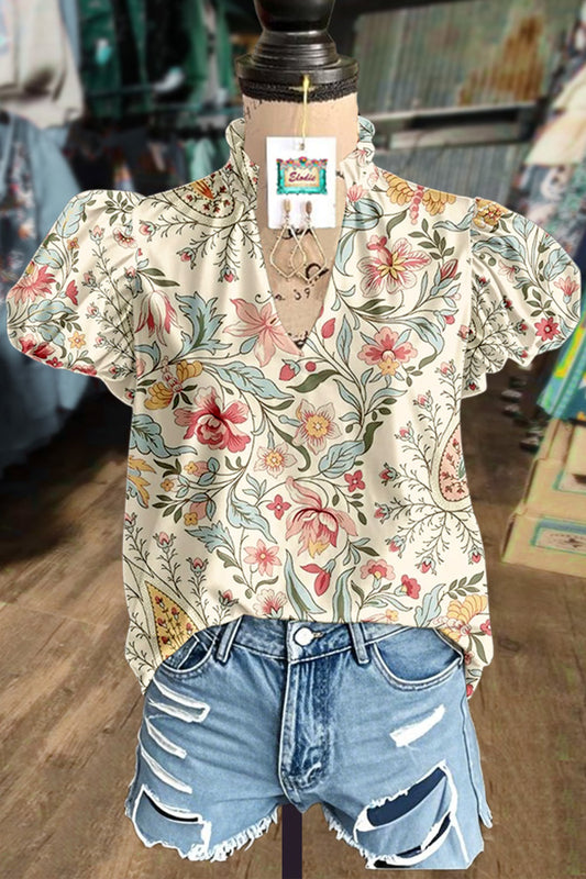 Retro Floral Print Ruffle V-Neck Puff Sleeve Top