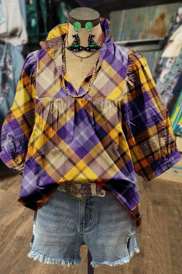 Colorful Plaid V-Neck Puff Sleeve Top