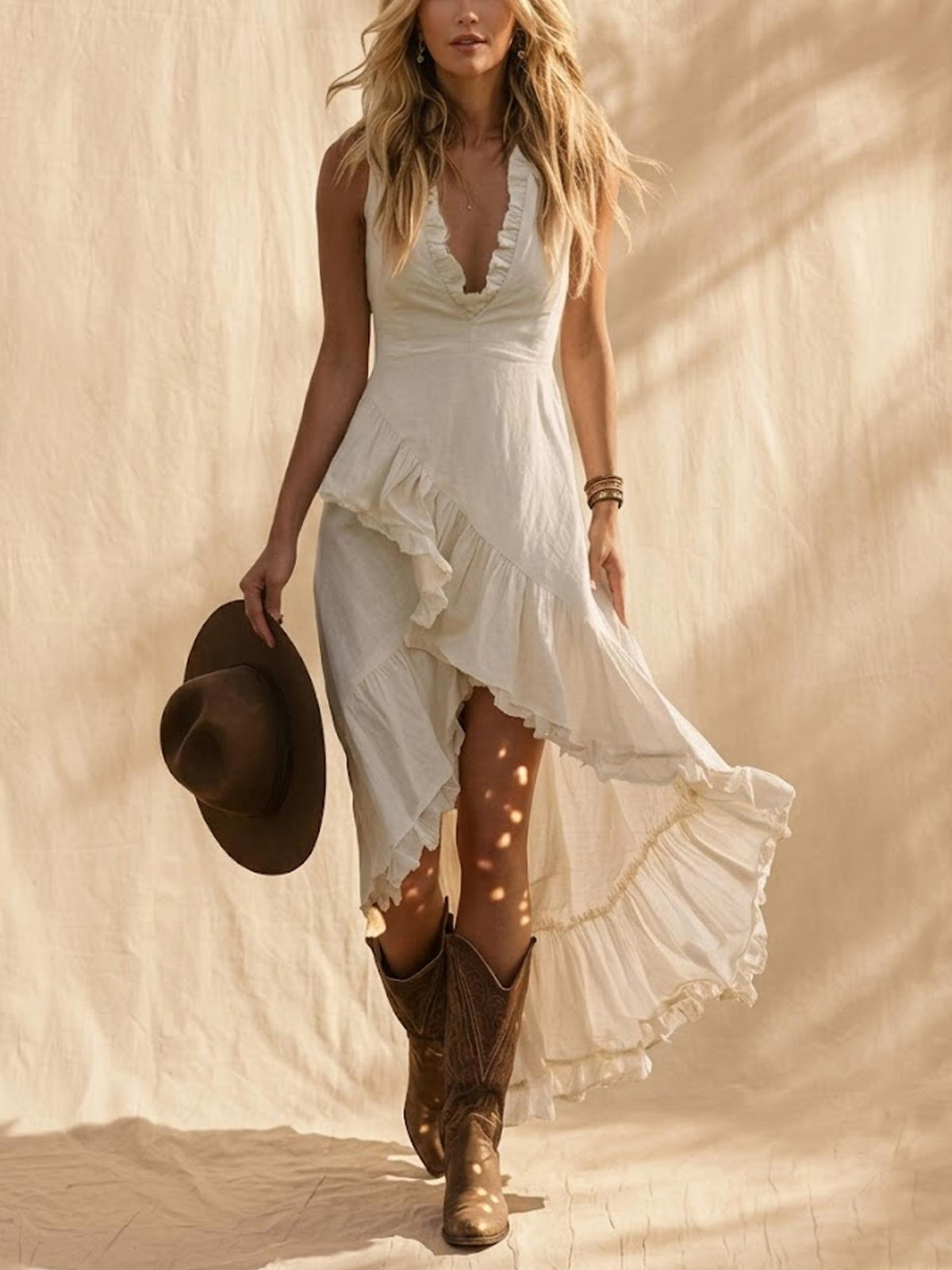 Desert Vacation Essential — Ivory White V-Neck Ruffle Trim Tencel High-Low Sleeveless Dress