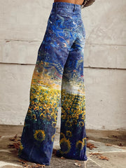 Women's Vintage Oil Painting Floral Wide Leg Pants