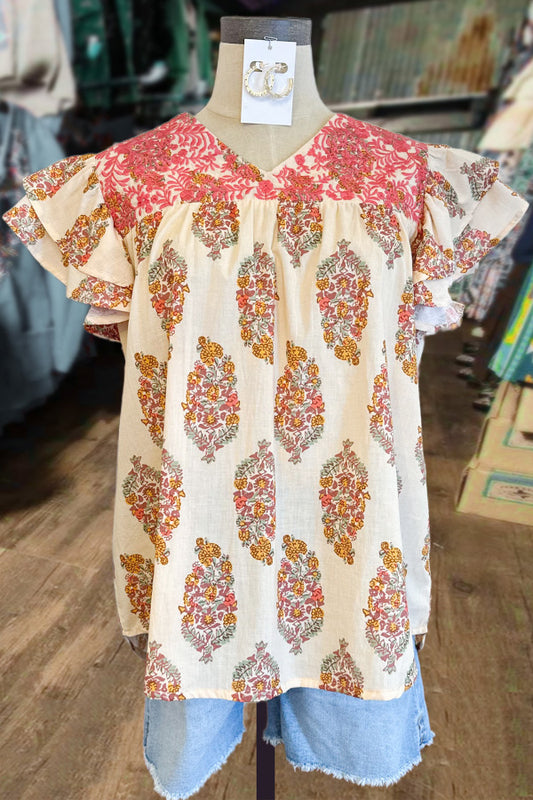 Floral Print Embroidered Ruffle Sleeve Top