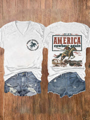 Women's 4th of July Make America Cowboy Again Printed V-Neck T-Shirt