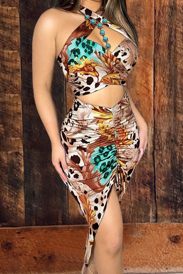 Sexy Hollow Pleated Printed Suit