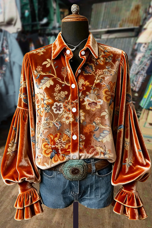 Vintage Floral Print Lantern Sleeve Velvet Top