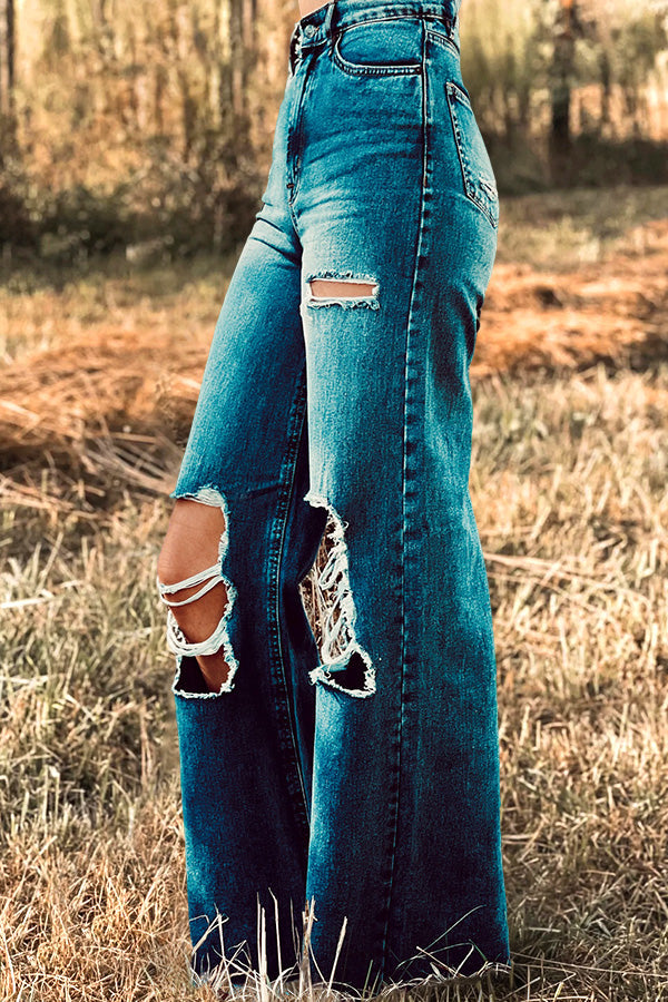Vintage Wash Distressed Flared Jeans