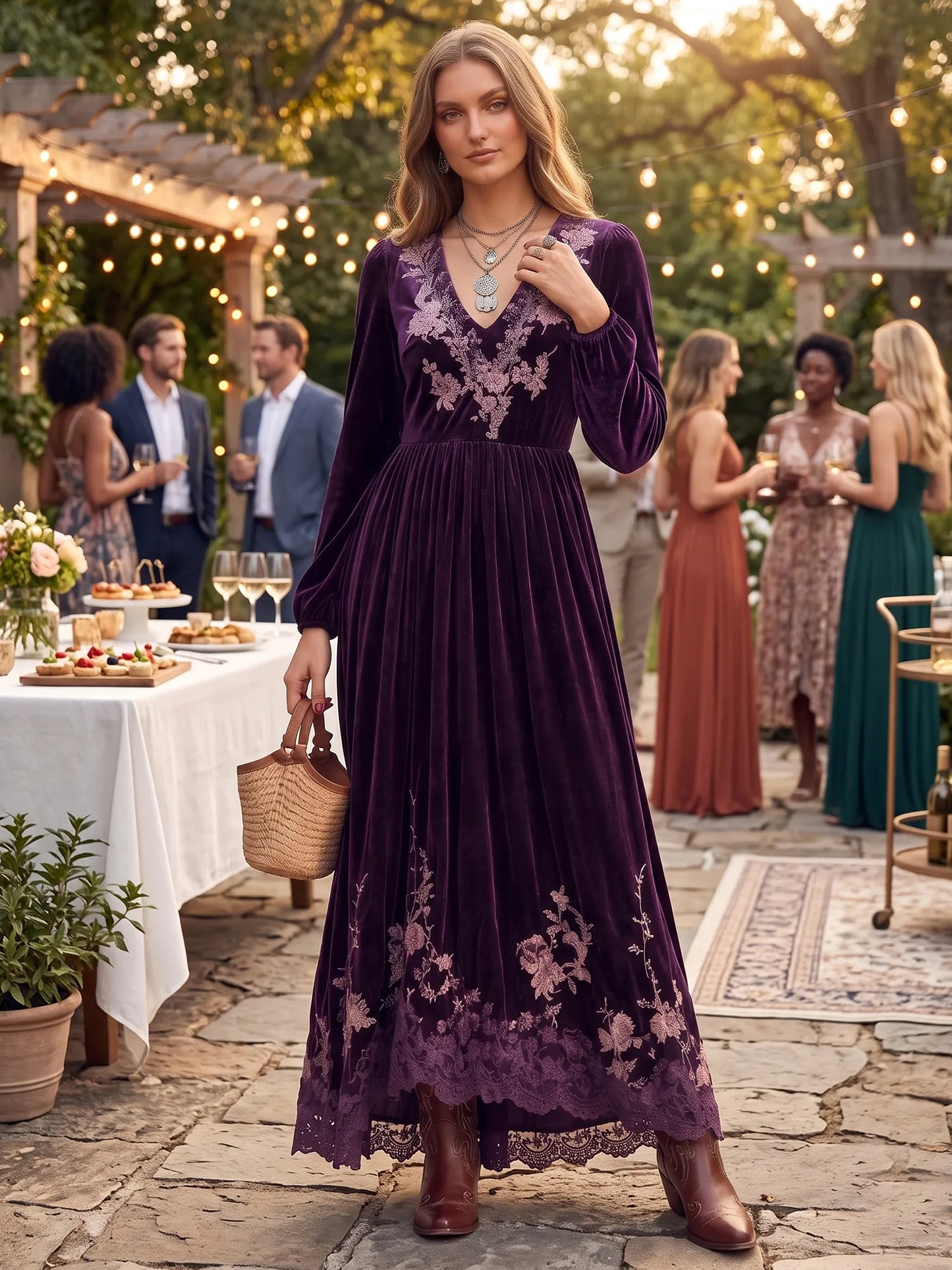 Purple Velvet Floral Embroidery Lace Hem Plunge V-Neck Bishop Sleeve Maxi Dress