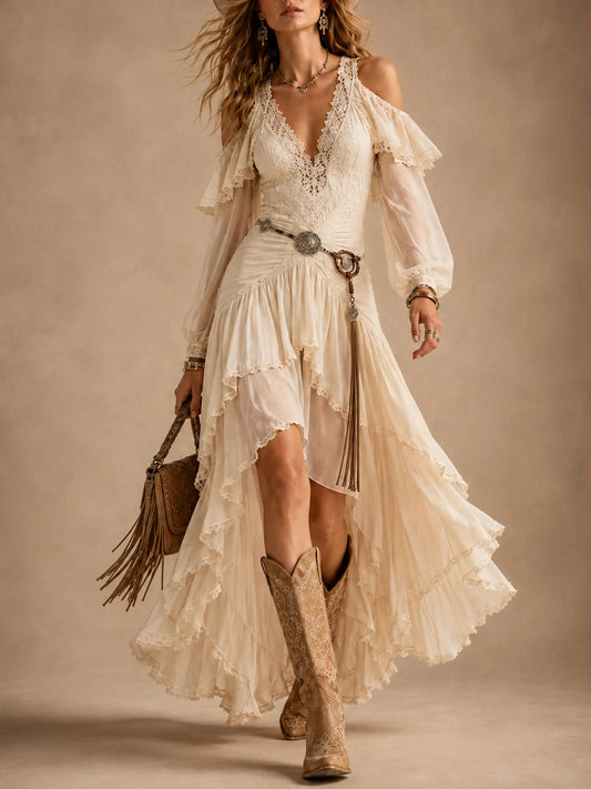 Perfect For A Rodeo Horse Riding Event — 2026 Spring/Autumn Women Cold-Shoulder Apricot Ruffle Lace High-Low Maxi Dress (No Belt)