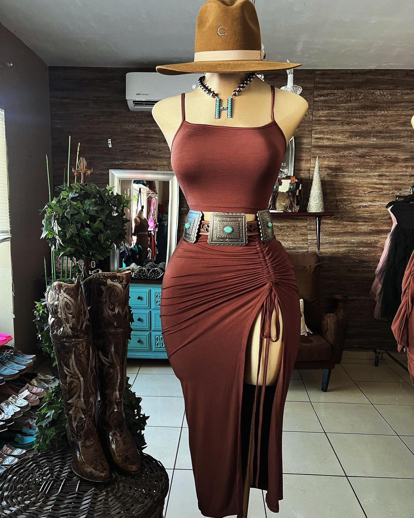 vintage halter top Slit Skirt Set-Brown
