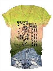 Women's Western Cowgirl Here's To Strong Women Print Casual V-Neck Tee