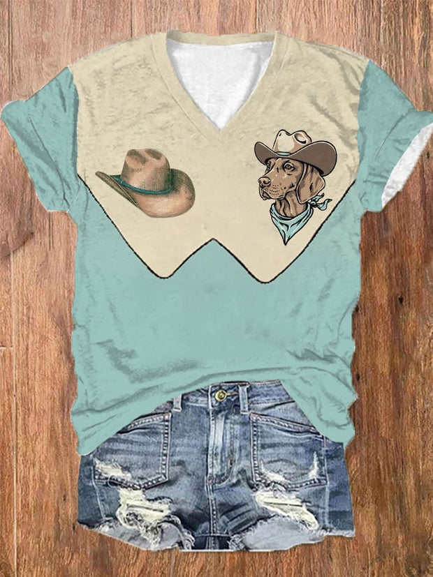 Women's Vintage Western Cowdog Print V-Neck T-Shirt