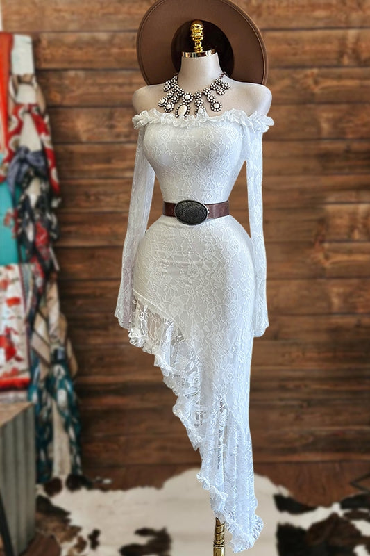 Off Shoulder Ruffled Lace Maxi Dress