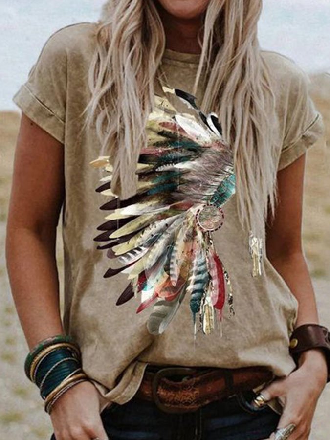 Indian Feather Print Short-Sleeved T-Shirt