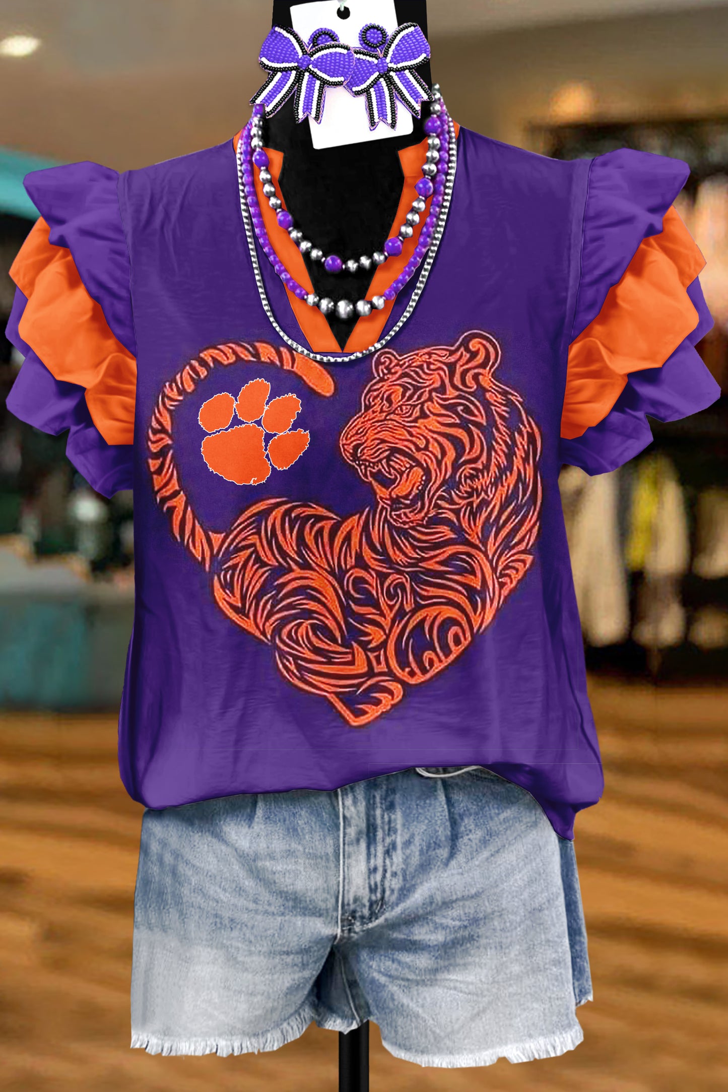 Vintage Clemson Tigers Print Fly Sleeve Top